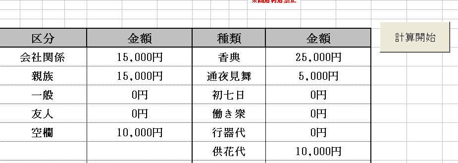 エクセル香典集計画面